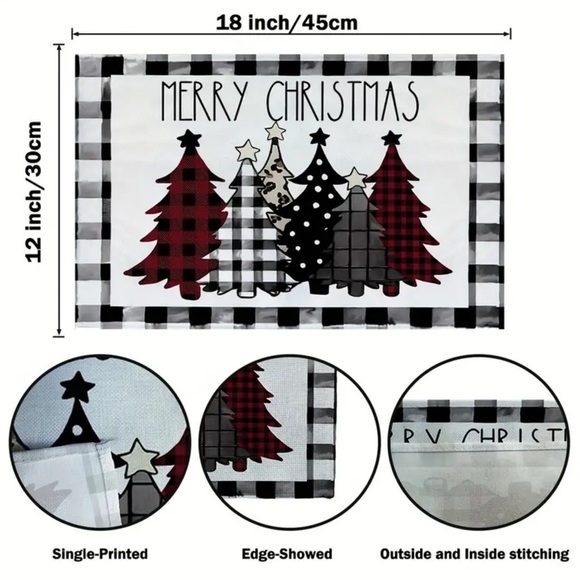 Christmas Placemats Trees Buffalo Plaid Placemats Black White 12 x 18 4 PC Set - Picture 2 of 16